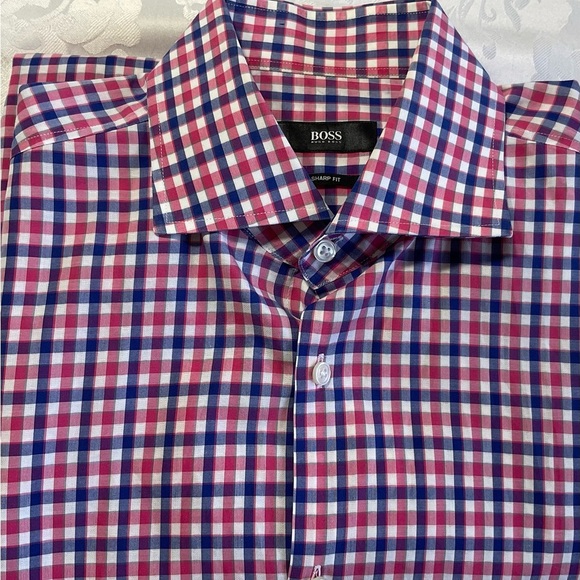 Hugo Boss Men's Sharp Fit Long Sleeve Dress Shirt Pink Blue Plaid Size 16 34/35 - Picture 1 of 10